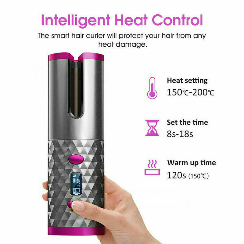Electric LCD Display Automatic Rotating Cordless Hair Curler Fast Curling Iron Tongs Portable USB Rechargeable With Comb Safe USB Cordless Automatic Rotating Hair Curler Hair Waver Curling Iron - Mama Lifestyles