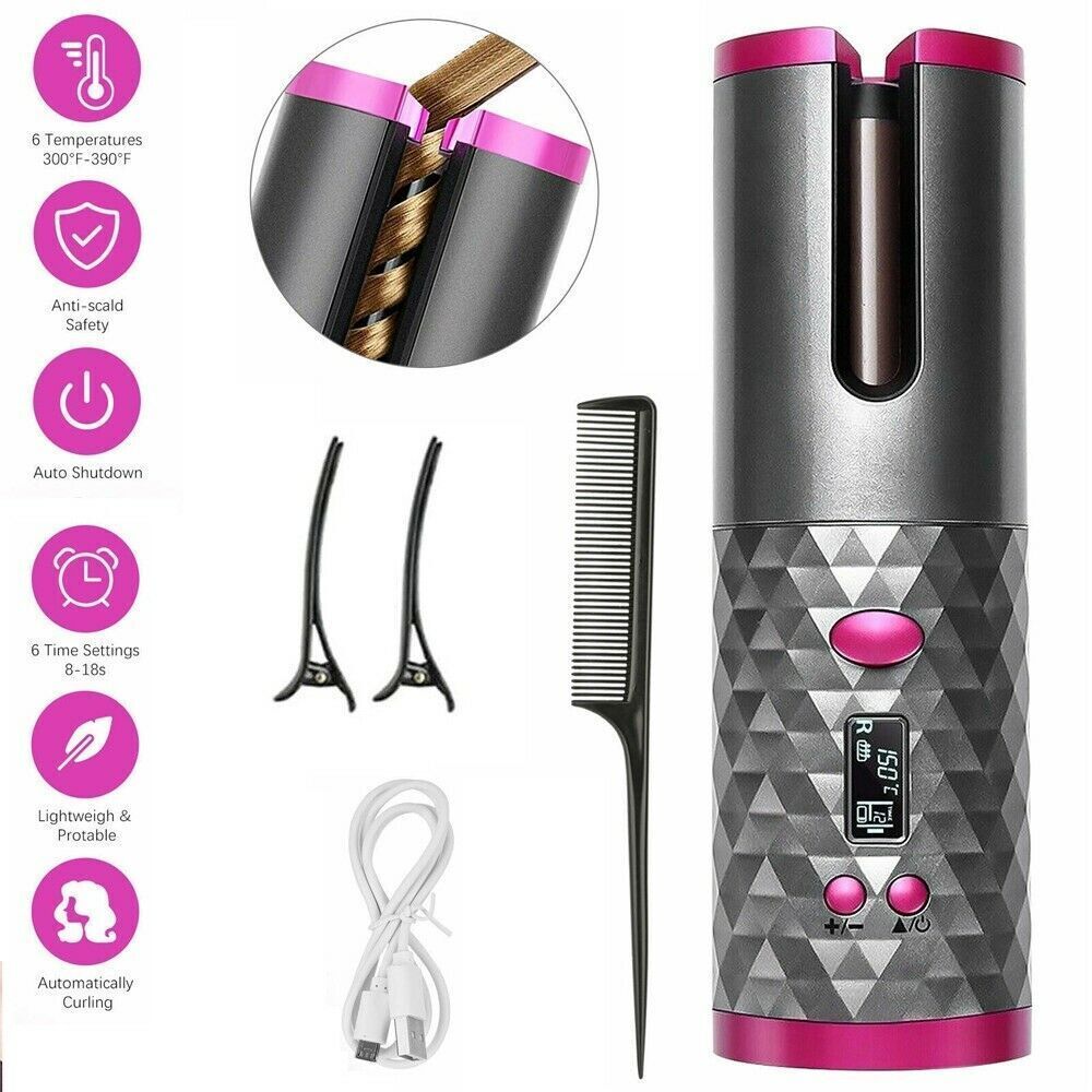 Electric LCD Display Automatic Rotating Cordless Hair Curler Fast Curling Iron Tongs Portable USB Rechargeable With Comb Safe USB Cordless Automatic Rotating Hair Curler Hair Waver Curling Iron - Mama Lifestyles